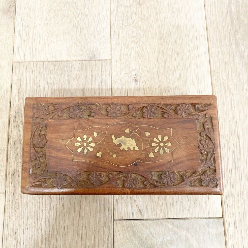 Vintage Wooden Box With Brass Inlay